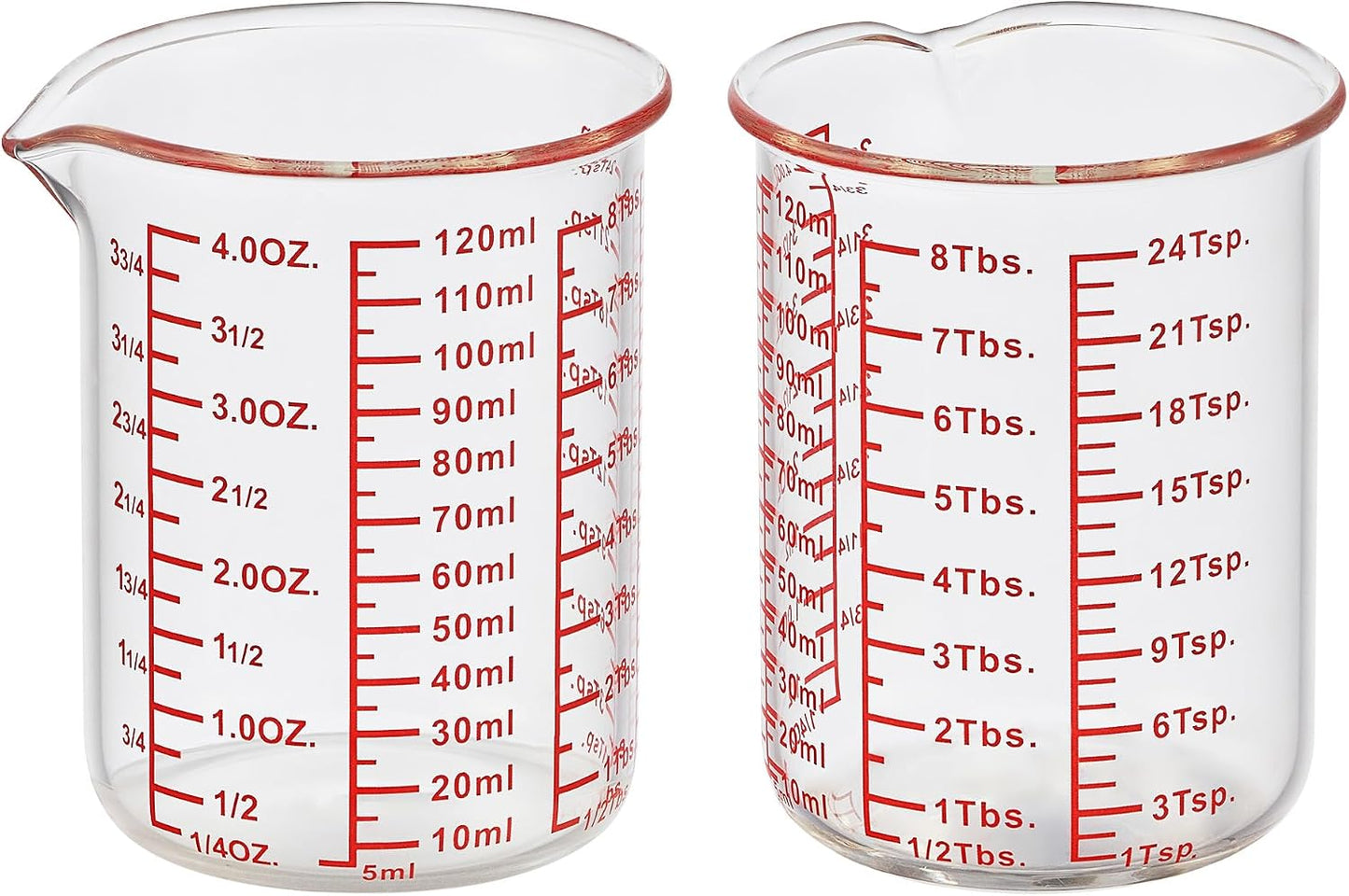 Ackers BORO3.3 4 oz/120 ml Glass Measuring Cup with V-Shaped Spout, 2 Pack | 3.3 borosilicate glass with a wide opening and five printed measurement units for small-batch cooking, baking and drink prep