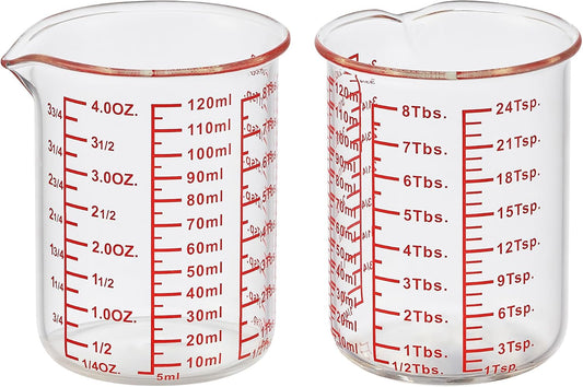 Ackers BORO3.3 4 oz/120 ml Glass Measuring Cup with V-Shaped Spout, 2 Pack | 3.3 borosilicate glass with a wide opening and five printed measurement units for small-batch cooking, baking and drink prep