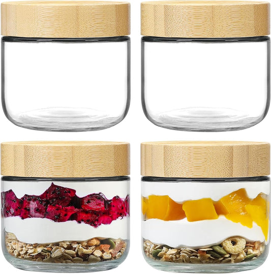 NETANY 4-pack 8oz Glass jars with Airtight Lids, Overnight Oats Containers with Bamboo Lids, Wide mouth Mason Salad jars,