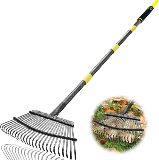 Garden Leaf Rakes, 6FT Rake for Lawns Heavy Duty 25 Metal Tines 18.5 inch Wide, Adjustable Steel Handle, Rakes for Leaves,