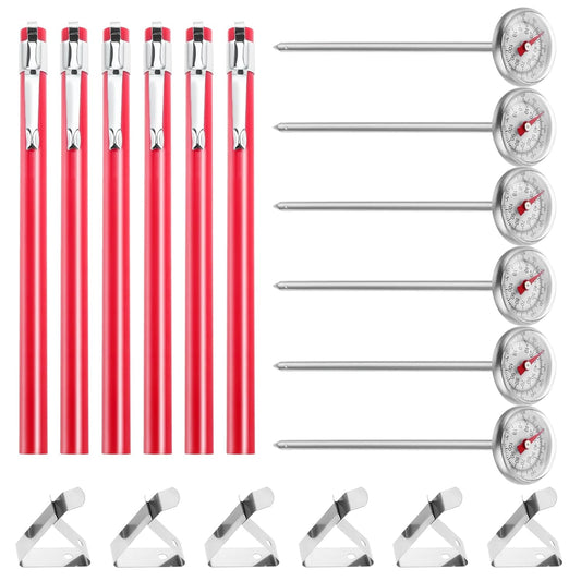 6 Pack Immediate Read Pocket Thermometer, 1 Inch Stainless Steel Dial Food Thermometer with 6 PCS Red Plastic Sleeves of