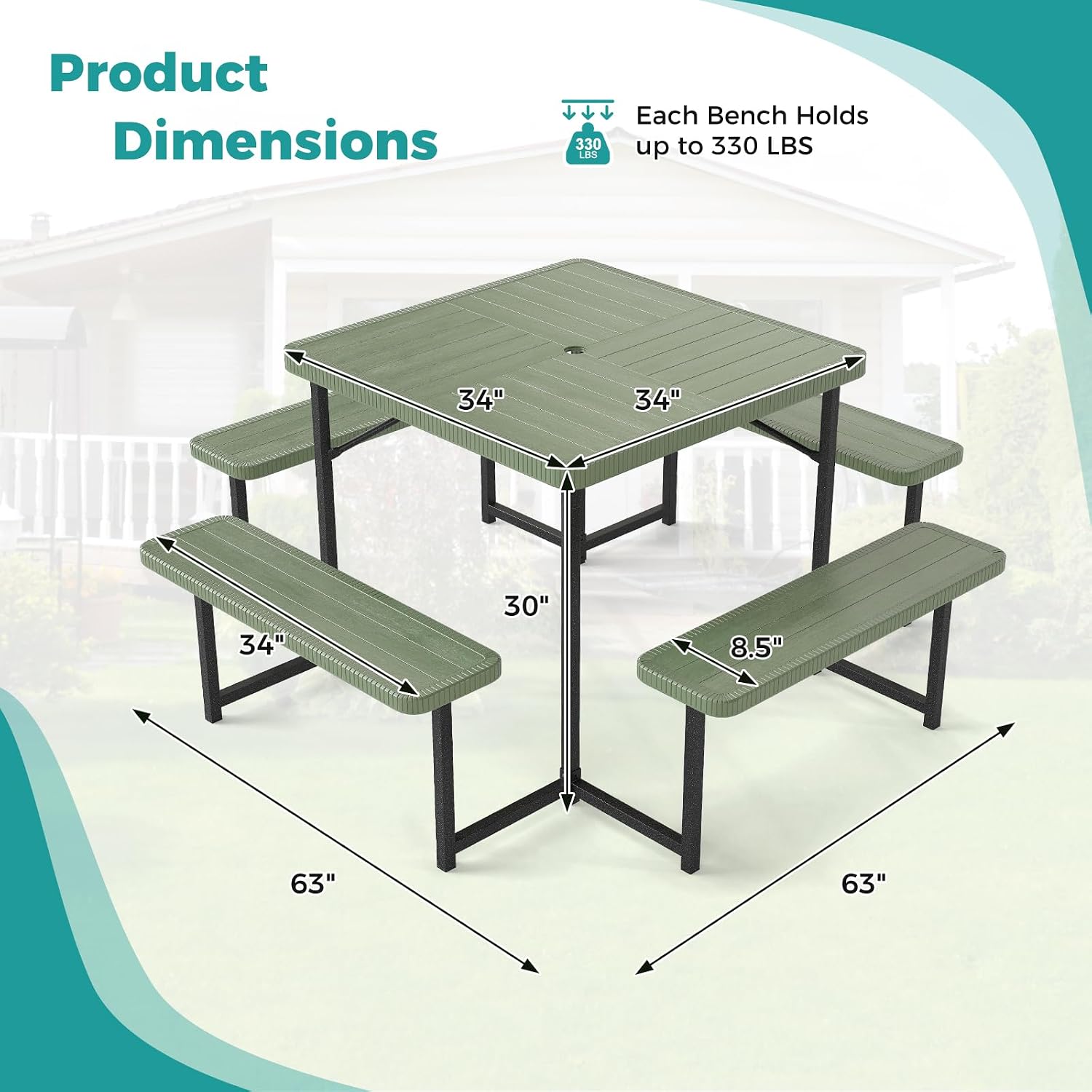 Giantex Picnic Table Bench Set for 4-8 People, 34" Outdoor Square Dining Table & 2 Benches w/Umbrella Hole, HDPE Tableto