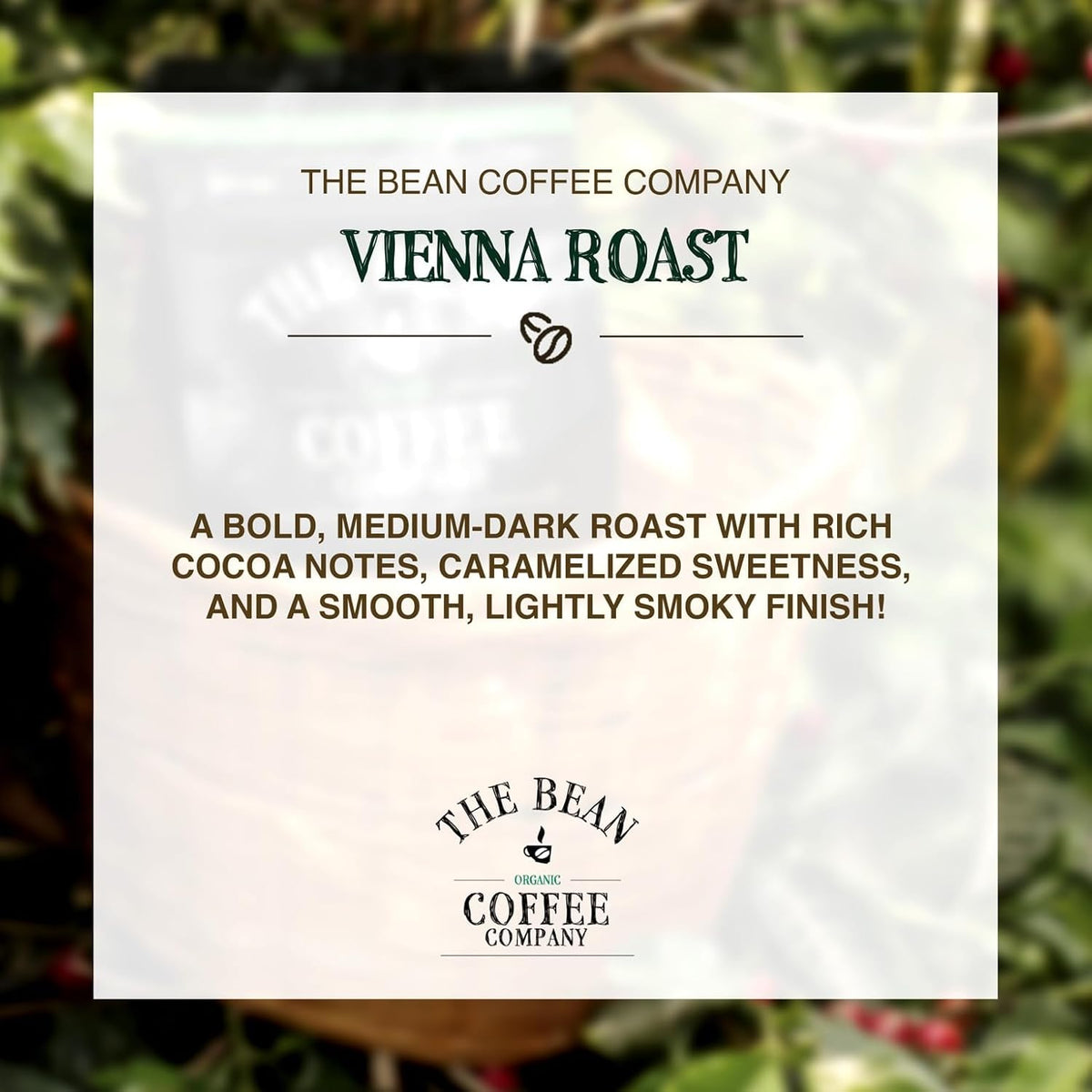The Bean Organic Coffee Co. Vienna Roast, Medium, Ground, 2 x 1 lb | Medium Vienna-style roast, bittersweet. Organic ground coffee. 2 x 1 lb.