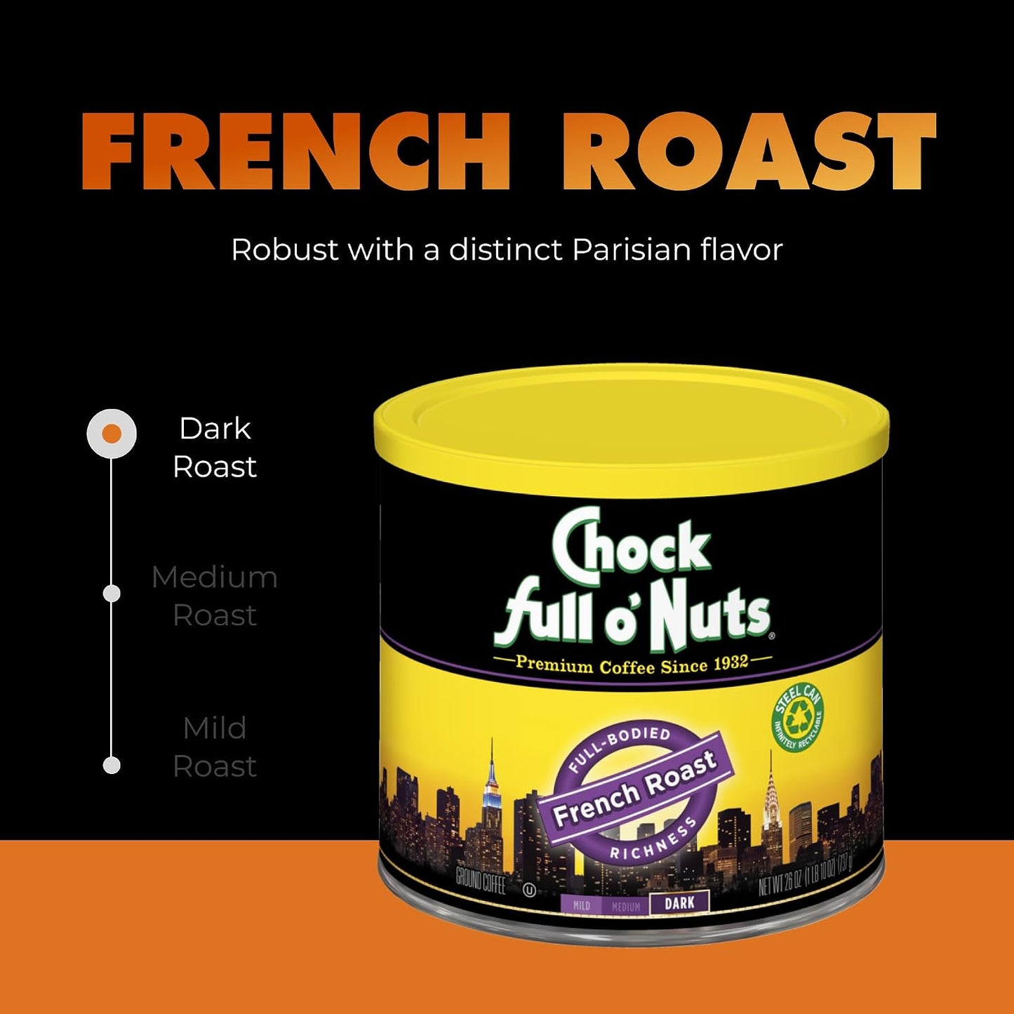 Chock Full o' Nuts French Roast Ground Coffee – Premium Beans in Recyclable Steel Can – Rich Flavor &amp; Aroma, Dark Roast – Perfect for Drip, Pour-Over, Percolator – 26 Oz Can