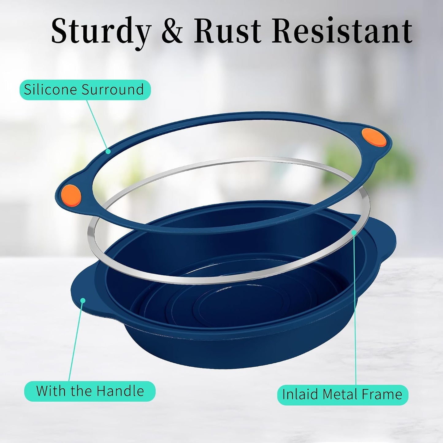 8 in 1 Silicone Baking Set - 6 Cake Molds - 2 Silicone Baking Mat, Nonstick Cookie Sheet, Cake Muffin Bread Pan with Grips and Metal Reinforced Frame More Strength, Navy Blue