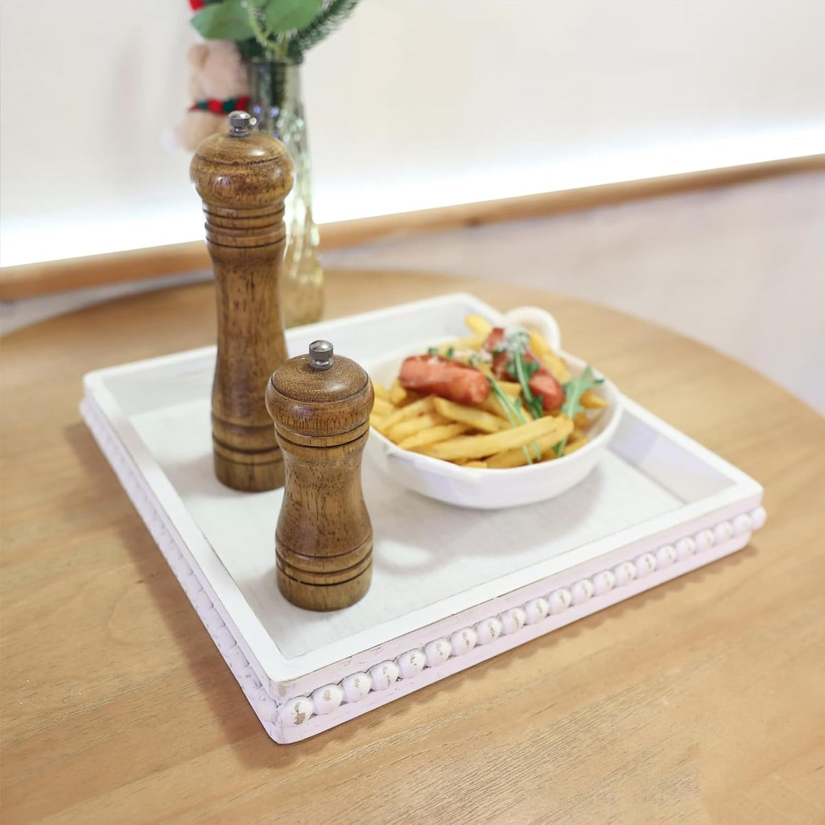 Hrastany Square Wood Decorative Serving Tray, 15"*9" Whitewashed