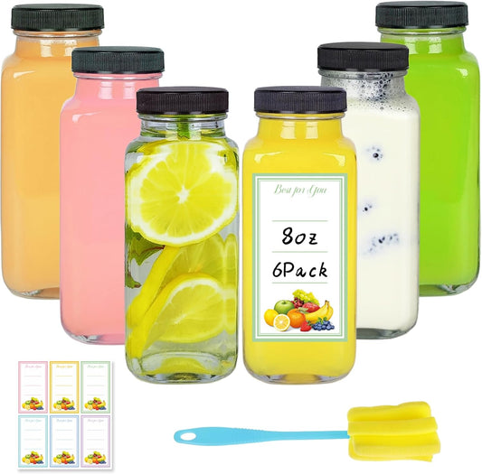 6 Pack 8oz Glass Juice Bottles with Lids, 250ml Reusable Glass Juicing Bottles, Square Drinking Jars Drink Containers with