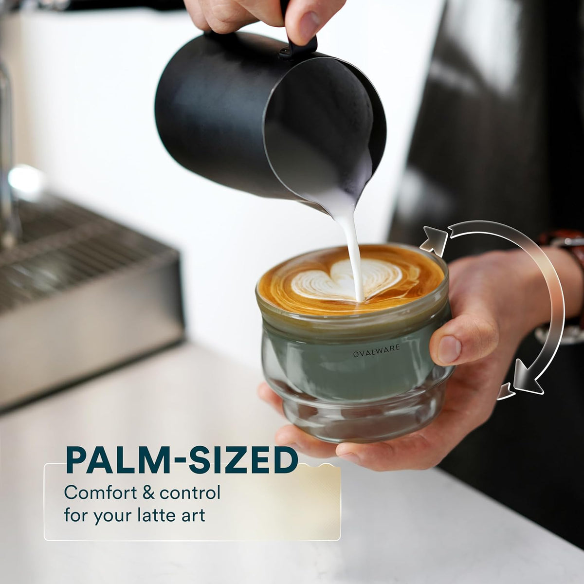 ovalware 8.5oz Double Wall Latte Cups, Latte Set of 2 - Latte Glasses for Cold & Hot Drink, Palm-Sized Cups with Wide Rim for Artistic Designs - Stealth Gray