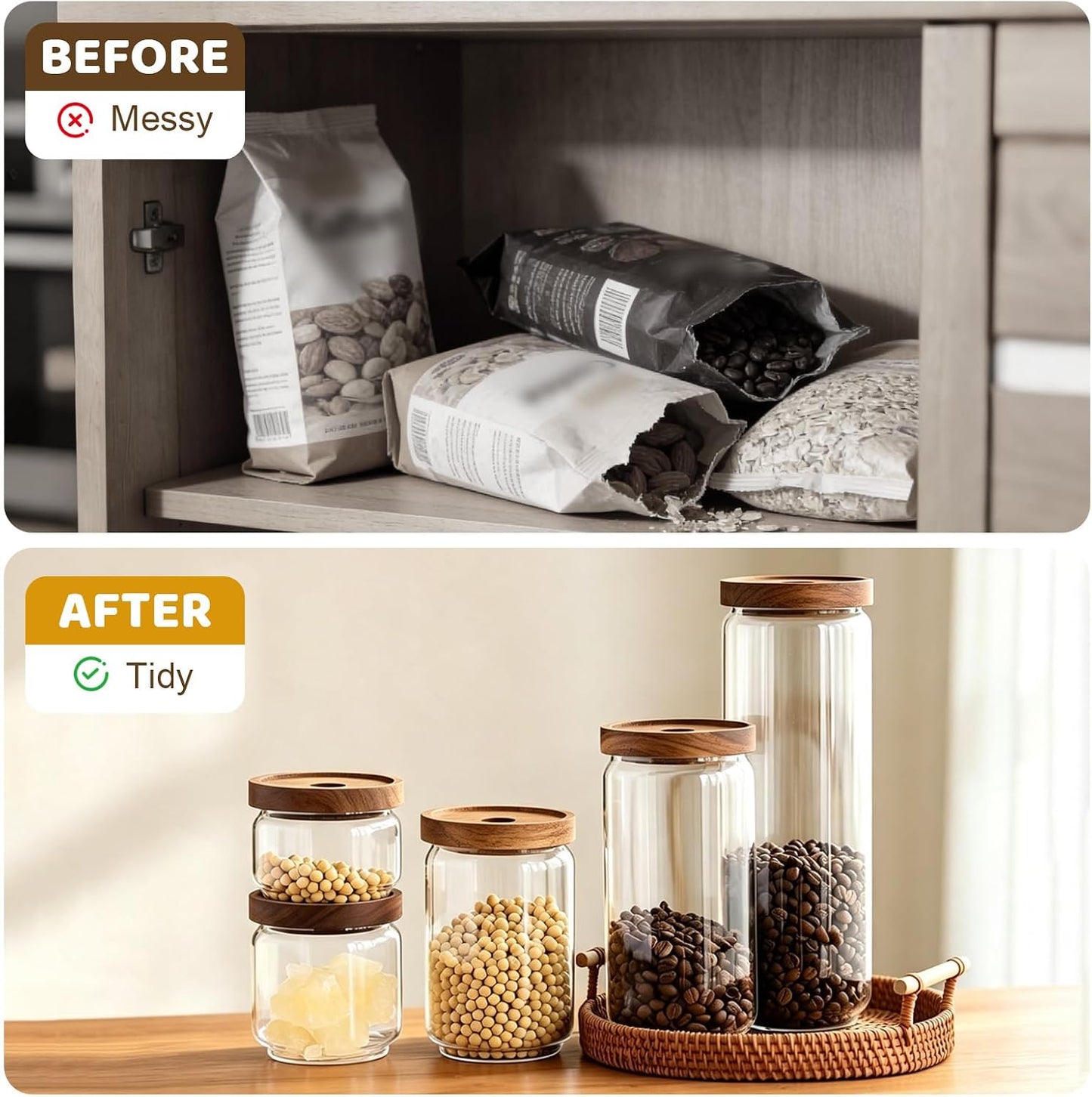 Glass Jars with Airtight Wood Lids - 25 OZ / 750 ML Kitchen Pantry Storage Containers, Decorative Canister for Chia Seed, Coffee Bean, Sugar, Spice, Cereal, Oats, Cookie, Candy, Tea, Nuts, Set of 2