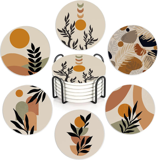 Drink Coasters Set of 6 with Holder, Abstract Boho Sun Leaves Absorbent Ceramic Coasters with Cork Base,Fit All Cups,Great