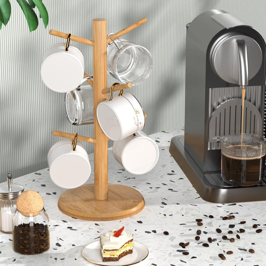 Wisuce Coffee Mug Tree Bamboo Mug Holder Coffee Cup Stand Mug Holders for Countertop Coffee Mug Rack Organizer Stand with 6