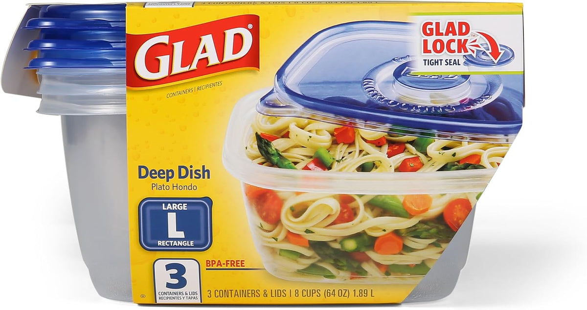 Glad GladWare Deep Dish Food Storage Containers, Large Rectangle - Meal Container Holds up to 64 Ounces of Food - Lock Tight Seal, 3 Count - 6 Pack