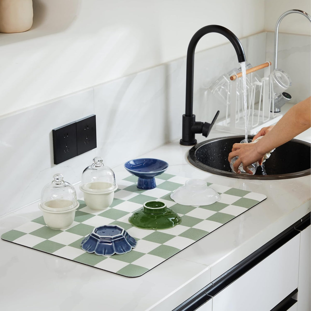 Checkered Dish Drying Mat for Kitchen Counter, Coffee Bar Station Accessories, Retro Cute Aesthetic Modern Absorbent Drainer Mat Kitchen Drying Mat Easy Clean, Sage 16" x 24"
