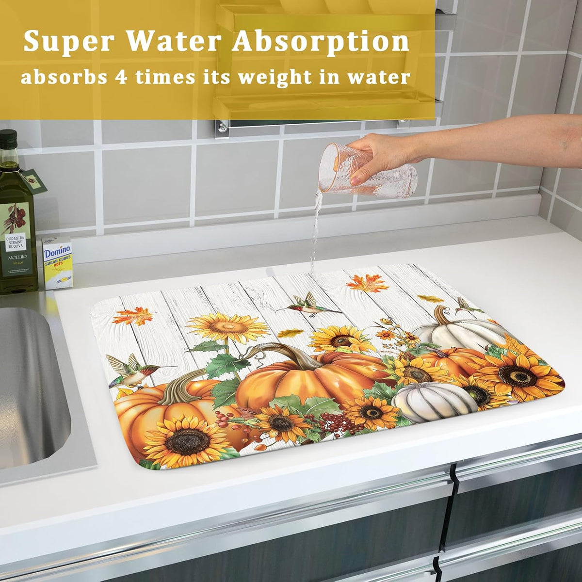Autumn Harvest Pumpkin Dish Drying Mat for Kitchen Counter Sunflower Maple Leaves Fall Dish Drying Mat 18”x24” Thanksgiving Dishes Pad Dish Drainer Rack Mats Absorbent Fast Dry Kitchen Accessories