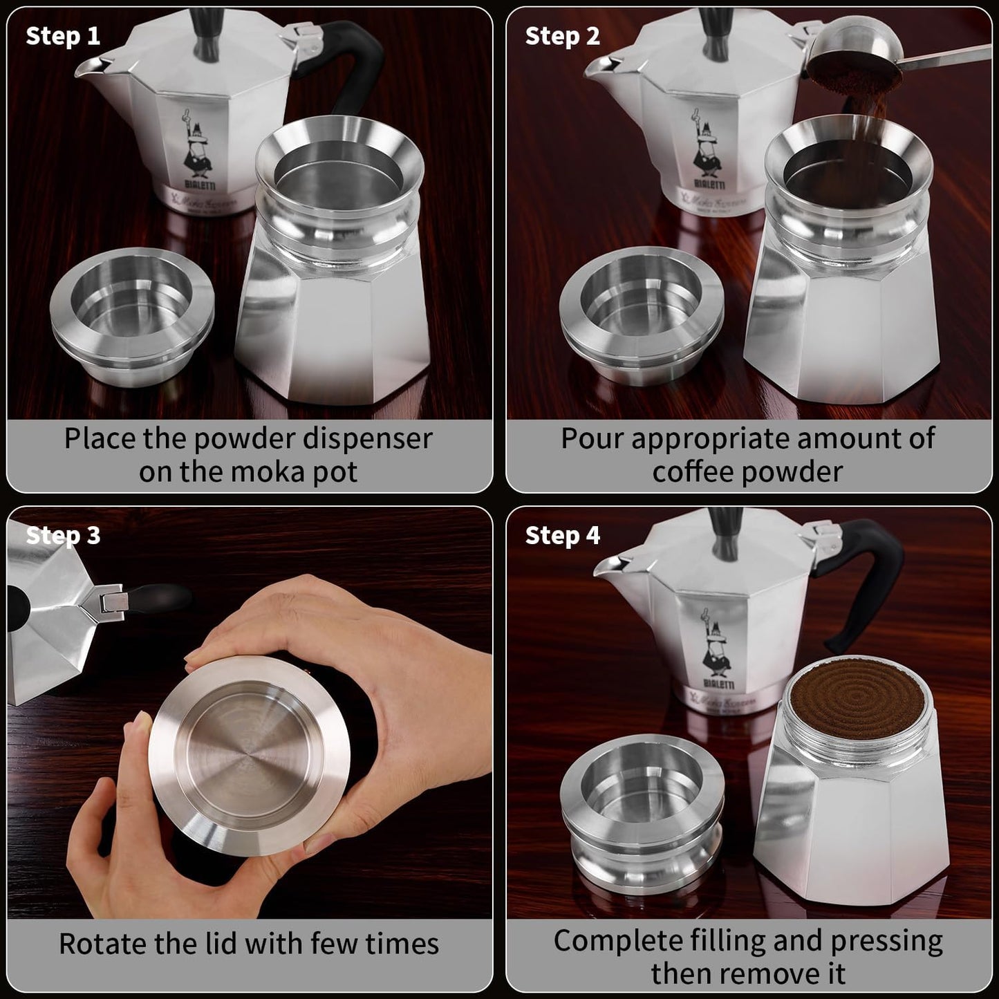4-6-Cup Moka Pot Tamper, 304 SS Dosing Funnel &amp; Distributor, Silver | Suitable for Moka pots with a diameter of 2.76-2.83 Inches
