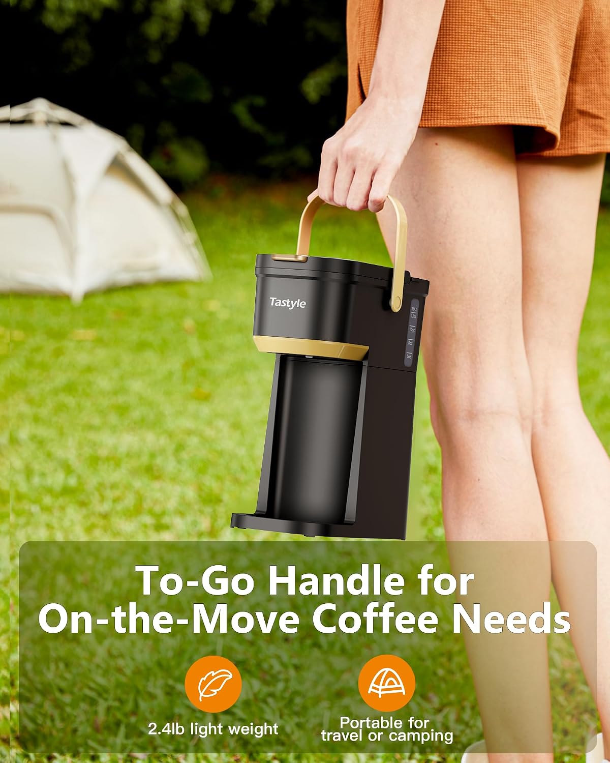 Tastyle Mini Single Serve Coffee Maker for K Cups and Grounds with Handle | for Travel, Camping, Office, RV and Dorm, Portable Handle, 120V, 6 to 12 Oz Brew Size, BPA Free, K302, Black and Gold