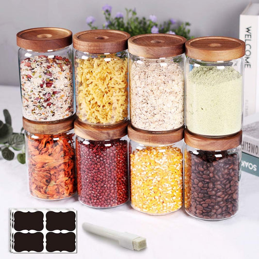SAIOOL Stackable Kitchen Canisters Set of 8,High Borosilicate Glass Cylinder Airtight Food Storage, sort out the tea, flour,