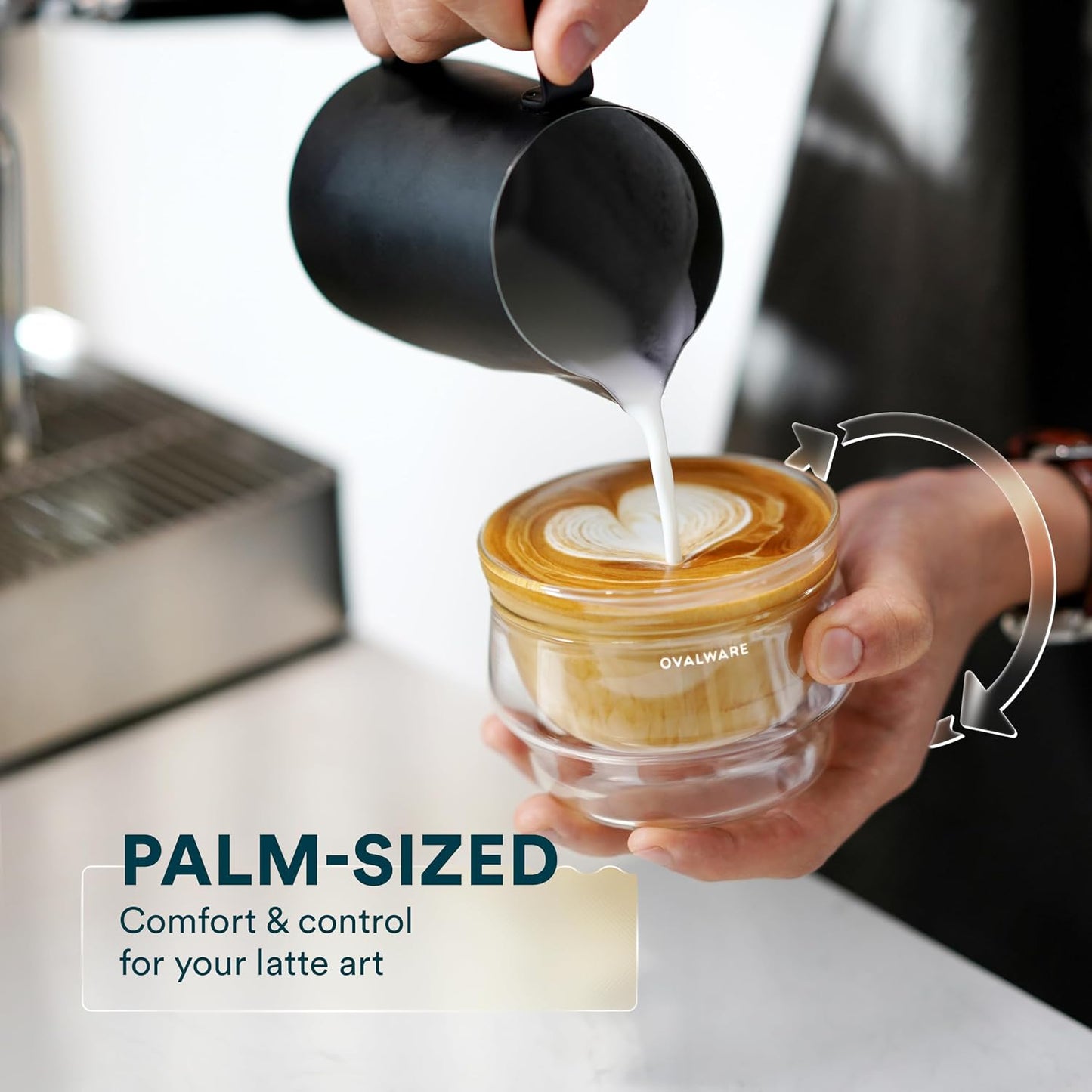 ovalware Double Wall Latte Art Cups 8.5oz/250ml | Set of 2, Wide Rim | Palm-Sized Borosilicate Build Keeps Beverages Hot or Iced | Ideal for Cappuccino &amp; Specialty Brewing | Clear
