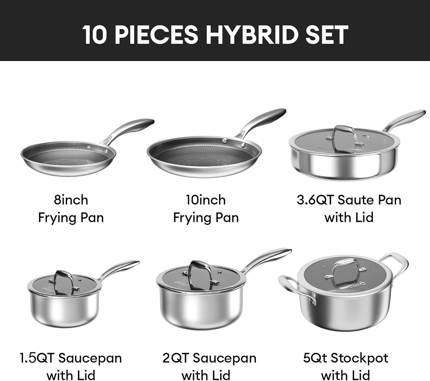 COOKER KING 10pcs Pots and Pans Set Non Stick, Stainless Steel Cookware Set | Hybrid, Non Toxic, Dishwasher and Oven Saf
