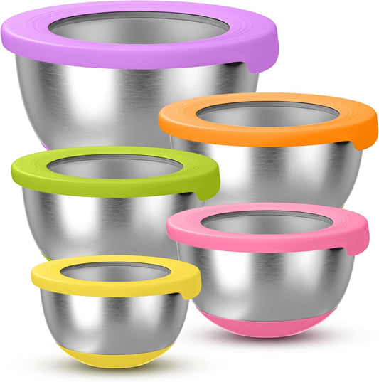 Stainless Steel Mixing Bowls with Lids – Set of 5 Large Nesting Metal Bowls for Kitchen, Baking, Cooking, Food Prep &