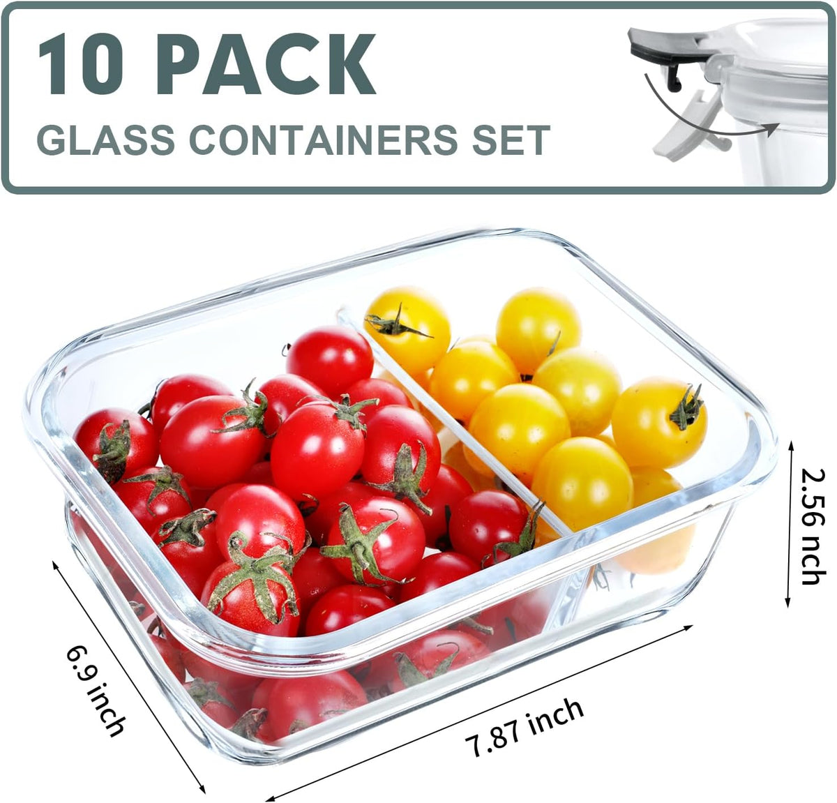 VERONES 10 Pack Glass Meal Prep Containers 2 Compartment Set, 30 OZ Airtight Glass Lunch Containers, Food Storage Containers with Lids, for Microwave, Oven, Freezer & Dishwasher Friendly，White