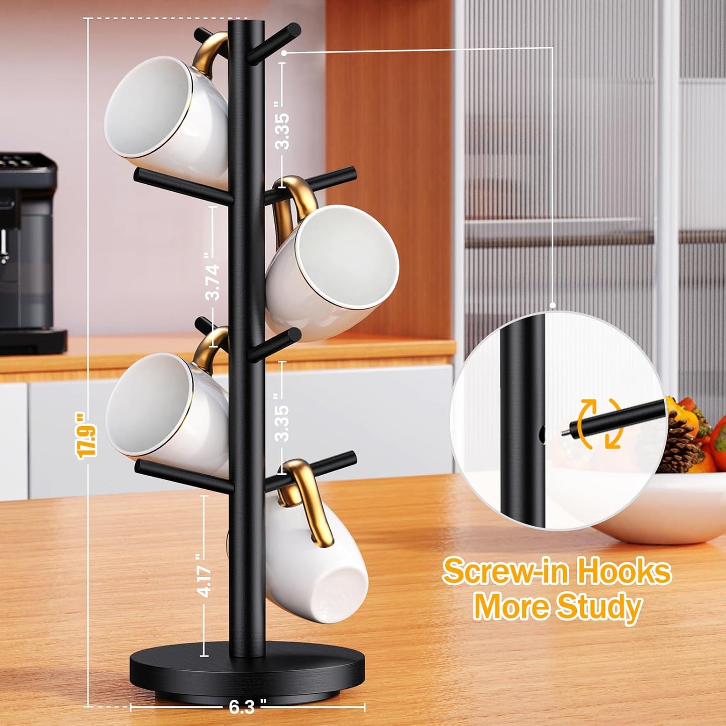 Coffee Mug Holder Tree, Upgraded 360° Rotated Coffee Cup Holder for Counter, Wood Coffee Mug Tree, Coffee Mug Rack with 8