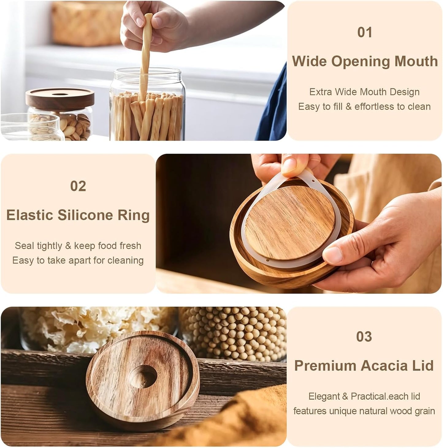Glass Jars with Airtight Wood Lids - 25 OZ / 750 ML Kitchen Pantry Storage Containers, Decorative Canister for Chia Seed, Coffee Bean, Sugar, Spice, Cereal, Oats, Cookie, Candy, Tea, Nuts, Set of 2