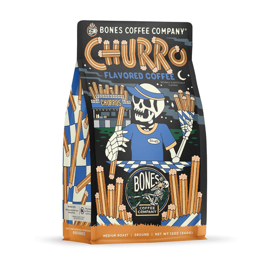 Bones Coffee Company Churro, Sweet Sugary Cinnamon Flavored Coffee, Medium Roast Low Acid Arabica Beans Compatible with Auto