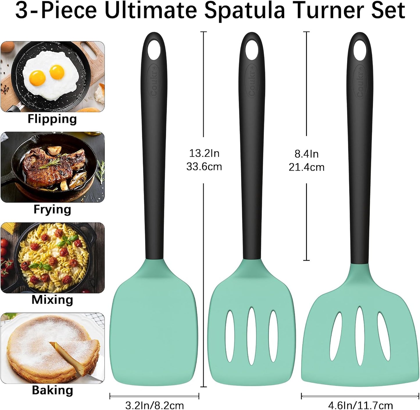 Coukre 3 Pack Silicone Spatula Set, Heat Resistant to 500°F, BPA-Free | Fish Spatula, Solid &amp; Slotted Turners, Dishwasher Safe, Spatula Set for Eggs, Pancakes, Fish &amp; Burgers, AquaGreenBlack