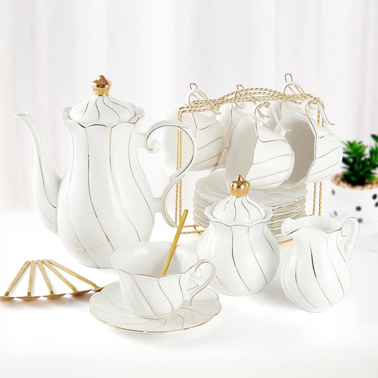DUJUST 22 pcs White Porcelain Tea Set for 6, Luxury British Style Tea/Coffee Cup Set with Golden Trim, Beautiful Tea Set for