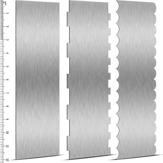Yinkin 3 Pcs 12 Inch Cake Scraper Smoother Stainless Steel Cake Scraper Metal Large Double Sided Patterned Edge Decorating