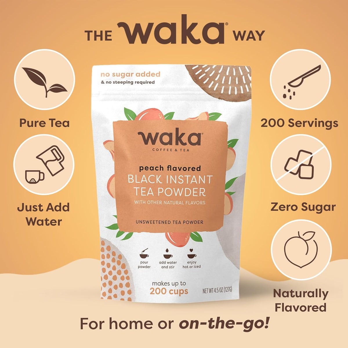 Waka Instant Black Tea Mix, Peach Flavored, Sugar-Free, 4.5 oz | Naturally Flavored, Unsweetened Concentrated Black Tea Powder, Makes up to 200 Hot or Iced Cups