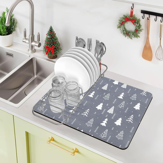 Bloss Coffee Mat, Christmas 12"x19" Bar Mat with Waterproof Rubber Backing, Fit Under Coffee Maker Machine/Kitchen Counter/Dish Drying Mat-Grey and Pine