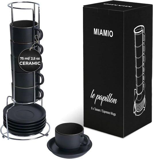 MIAMIO - 2.5 oz Espresso Cup Set with Saucers Coffee Mug Set of 6 - Ceramic Coffee Mug Stackable Espresso Mug with Stand for