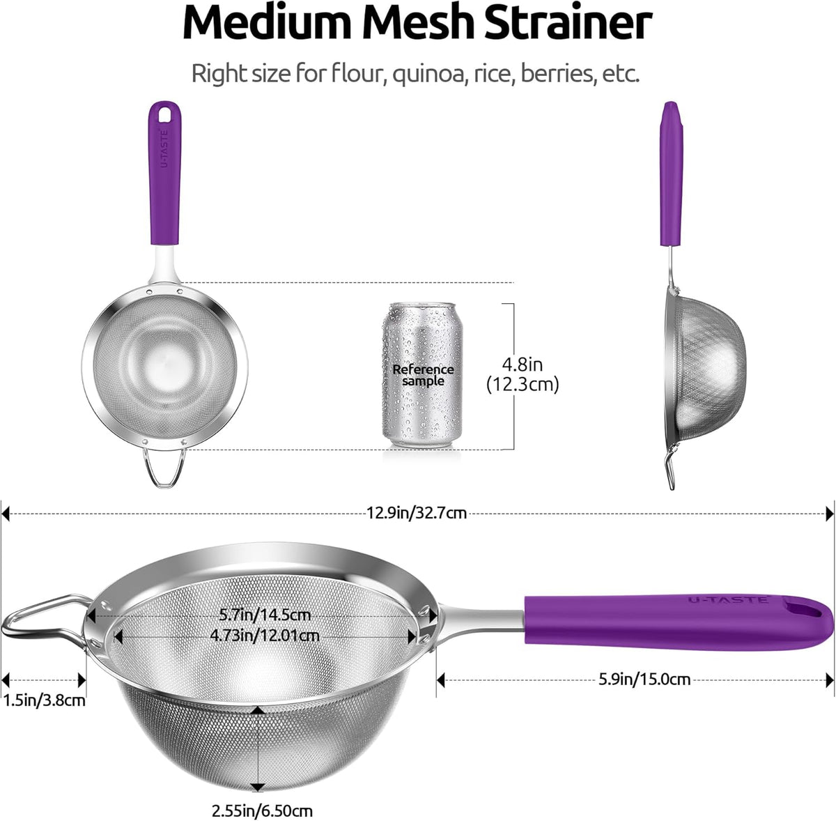 U-Taste Medium Fine Mesh Strainer: 18/8 Stainless Steel 4.73in 30 Mesh Kitchen Food Sieve with Sturdy Riveted Silicone Handle, Heavy Duty Deep Handheld Metal Colander for Rice, Quinoa, Flour (Purple)