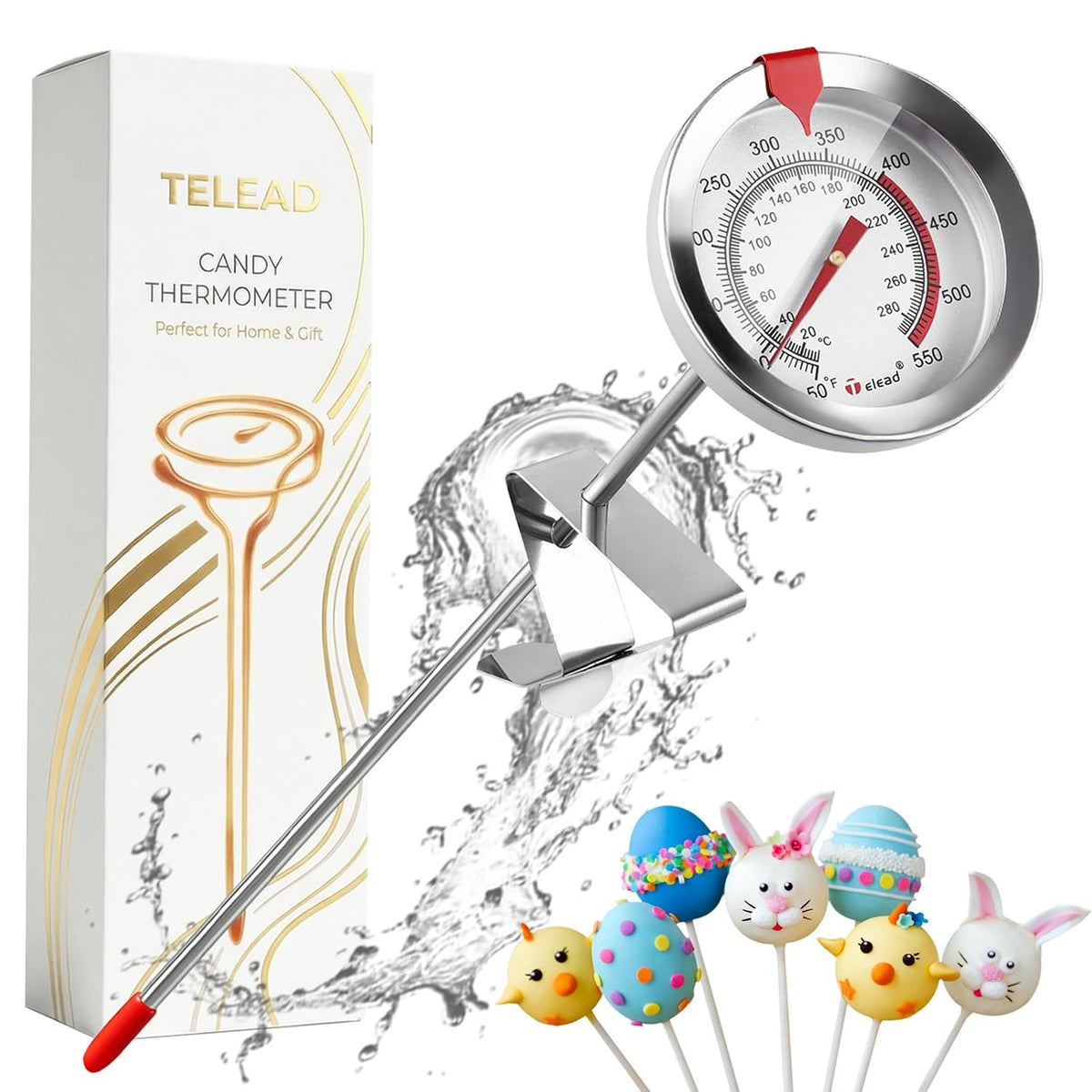 Candy Thermometer Waterproof IP67 - Oil Thermometer for Frying with Clips - 9" Side of Pot Thermometer Deep Fry for Oil Candy Candle BBQ - Silver