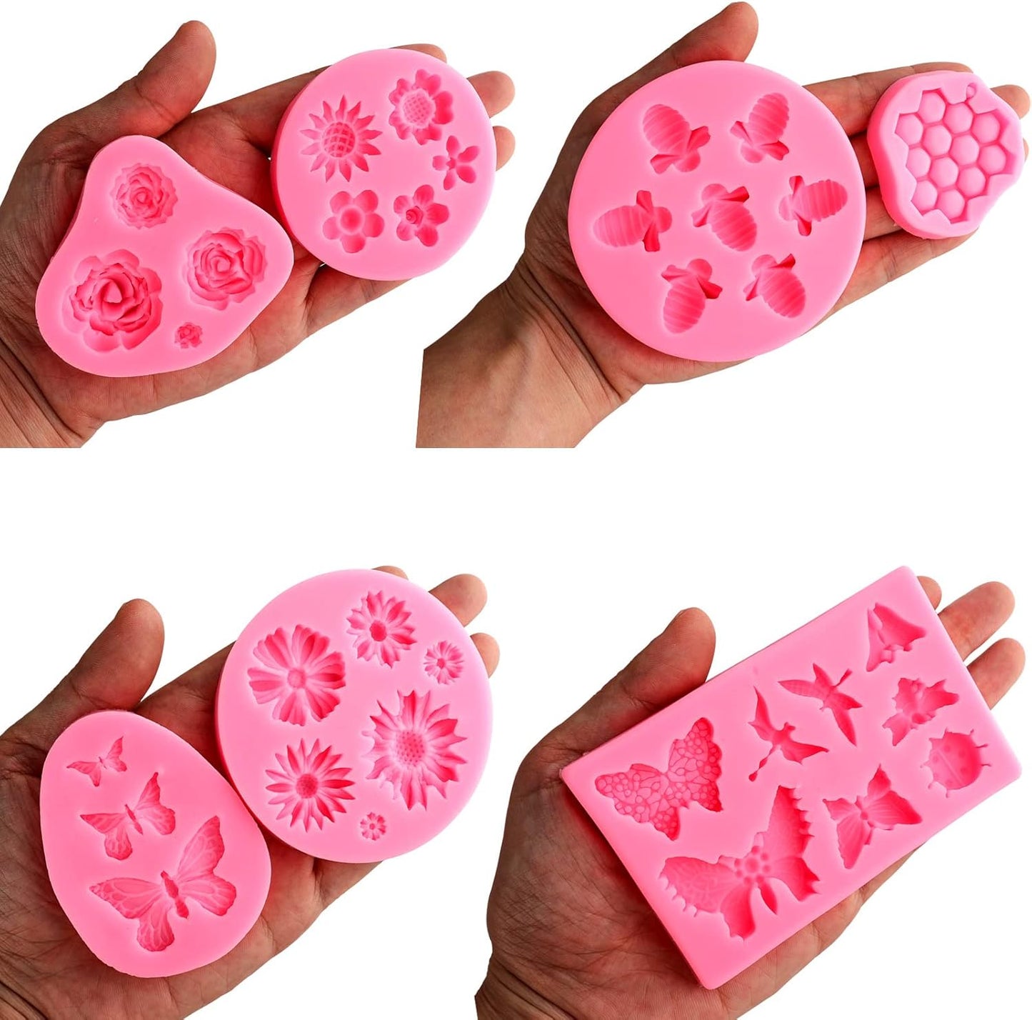 Silicone Mold Flower 8pcs Chocolate Fondant Polymer Clay Candy Gummy Mold,Rose Leaf Butterfly Bee Honey Shaped Silicone Molds for DIY Cake Cupcake