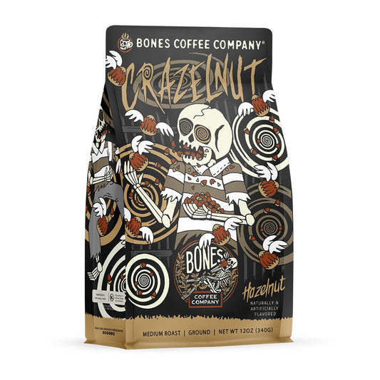 Bones Coffee Company Crazelnut, Hazelnut Flavored Coffee, Medium Roast Low Acid Arabica Beans Compatible with Auto drip and