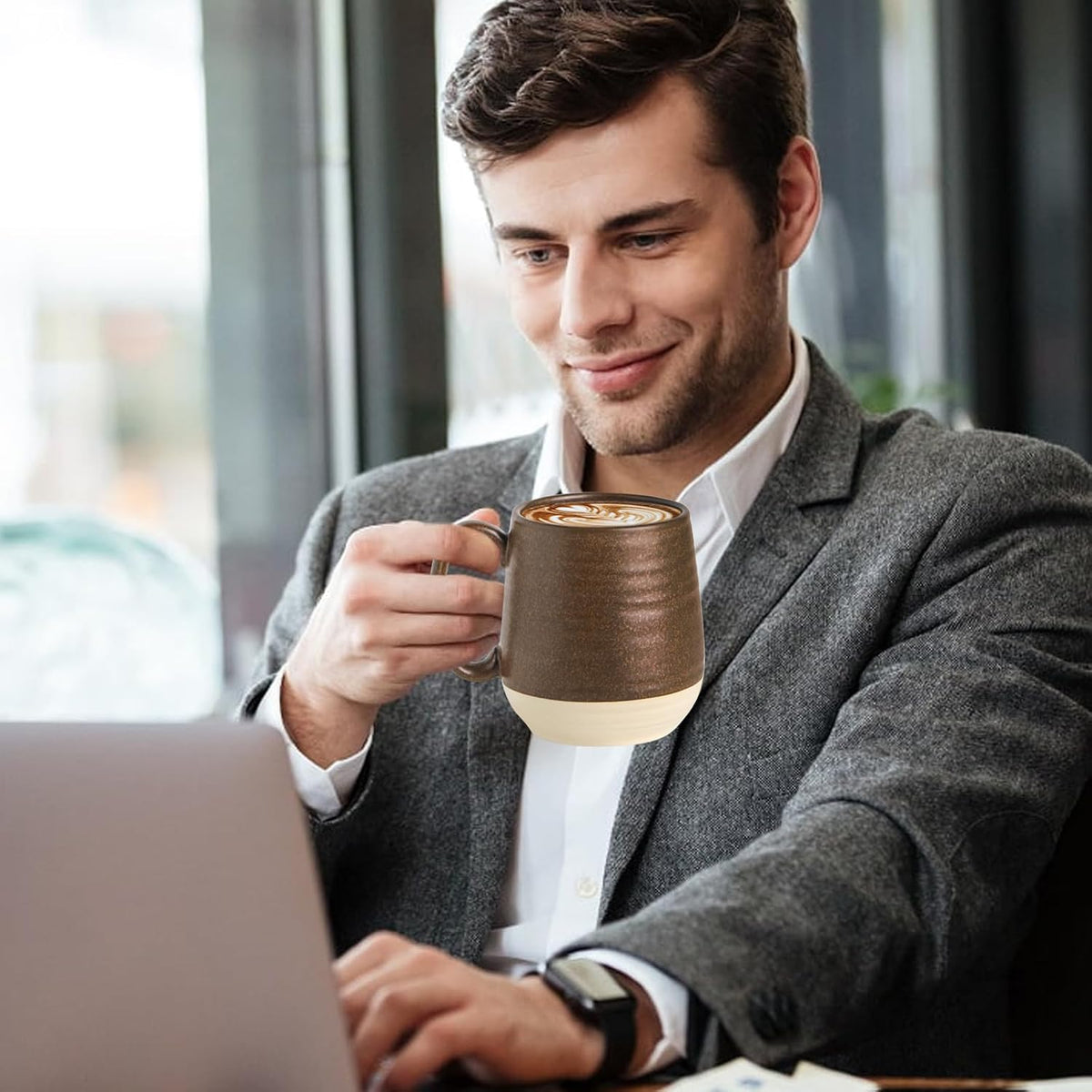 HASENSE Large Ceramic Coffee Mug, 20 Oz Beige Stoneware Cup with Comfortable Handle, Farmhouse Mug for Coffee, Tea &amp; Cocoa, Dishwasher &amp; Microwave Safe, Brown