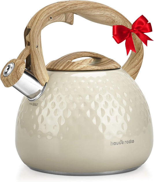 Tea Kettle Stovetop Teapot, 2.5 Quart Loud Whistle Food Grade Stainless Steel and Smooth Wood Pattern Handle, Sophisticated