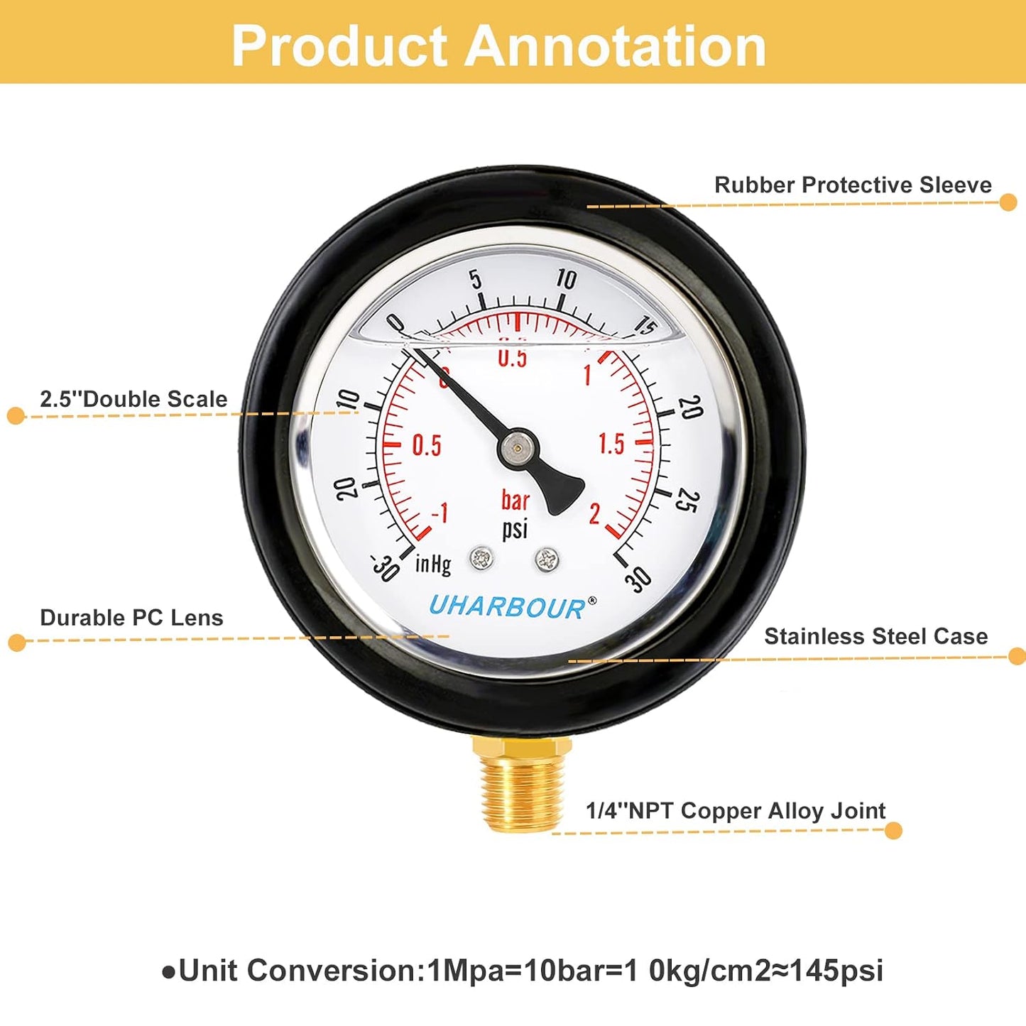 UHARBOUR Pressure Vacuum Gauge -30 inhg/30 PSI, 2-1/2" Dial Liquid