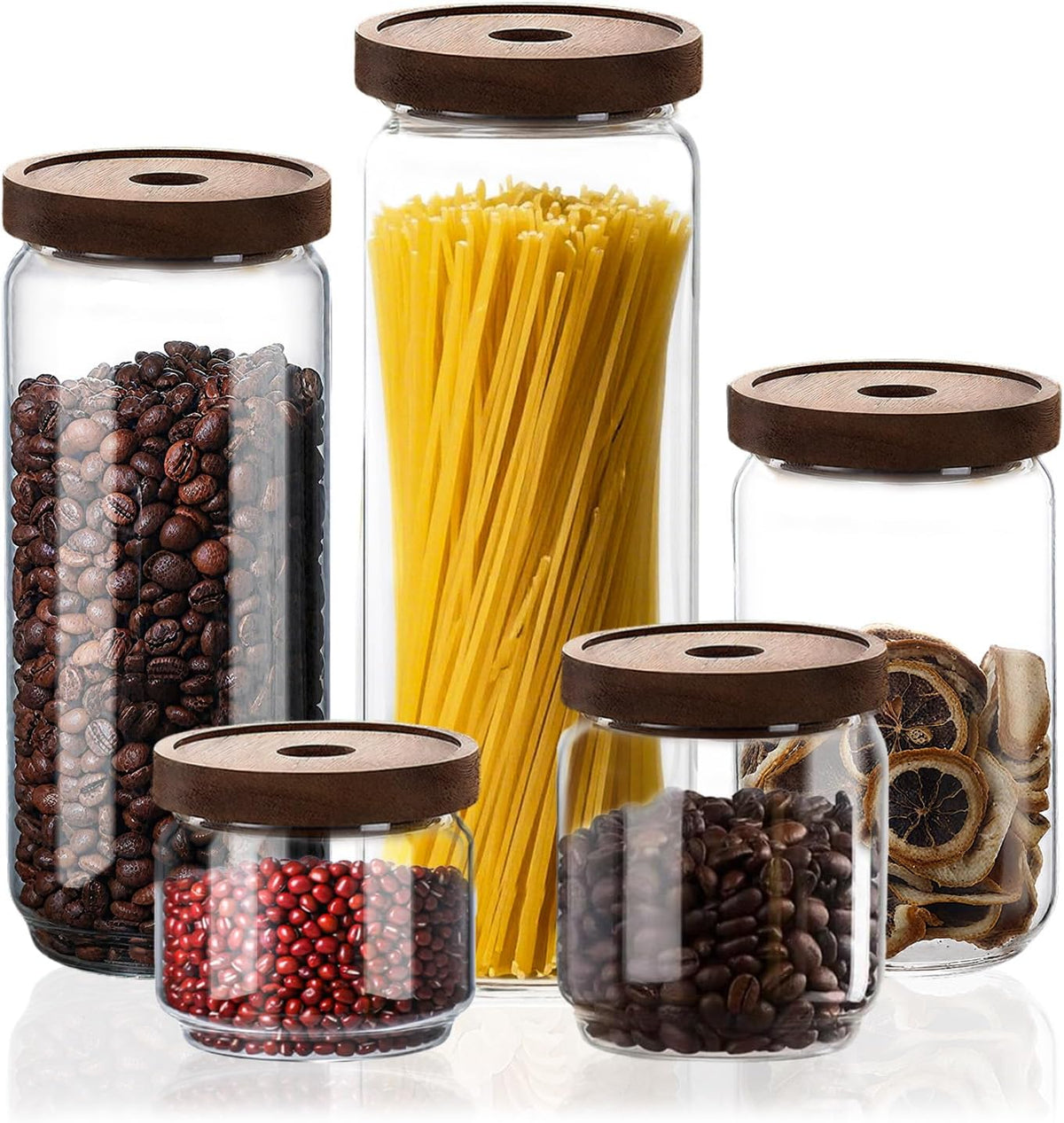 Glass Jars with Airtight Wood Lids - Small Large Kitchen and Pantry Storage Containers, Canisters for Spaghetti, Noodles, Pasta, Ground Coffee, Sugar, Cereal, Spice, Salt, Salad, Matcha, Set of 5