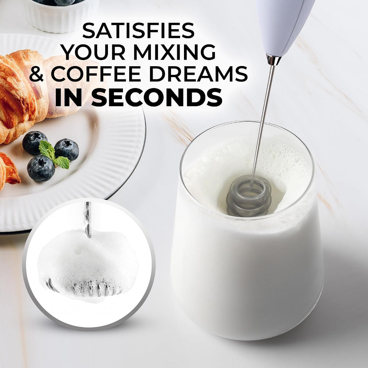 Zulay Kitchen Powerful Milk Frother Wand With Duracell Batteries - Ultra Fast Handheld Drink Mixer - Electric Whisk Foam Maker for Coffee, Lattes, Cappuccino &amp; Matcha - Triple Whisk - Pale Cloud