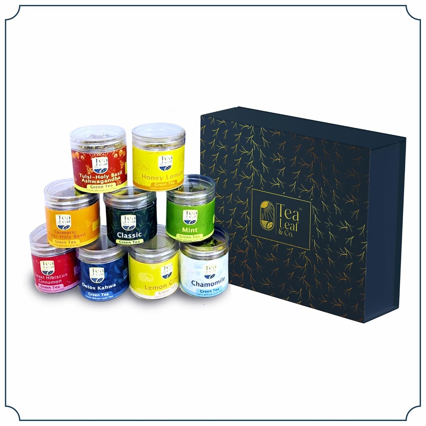 Tea Leaf &amp; Co. Harmony Pure Delight 9 Pack Premium Tea Gift Combo Box (Classic, Tulsi Ashwagandha, Lemon Ginger, Mint, Detox Kahwa, Turmeric Tulsi, Honey Lemon, Sweet Hibiscus &amp; Green Chamomile) - 8Oz