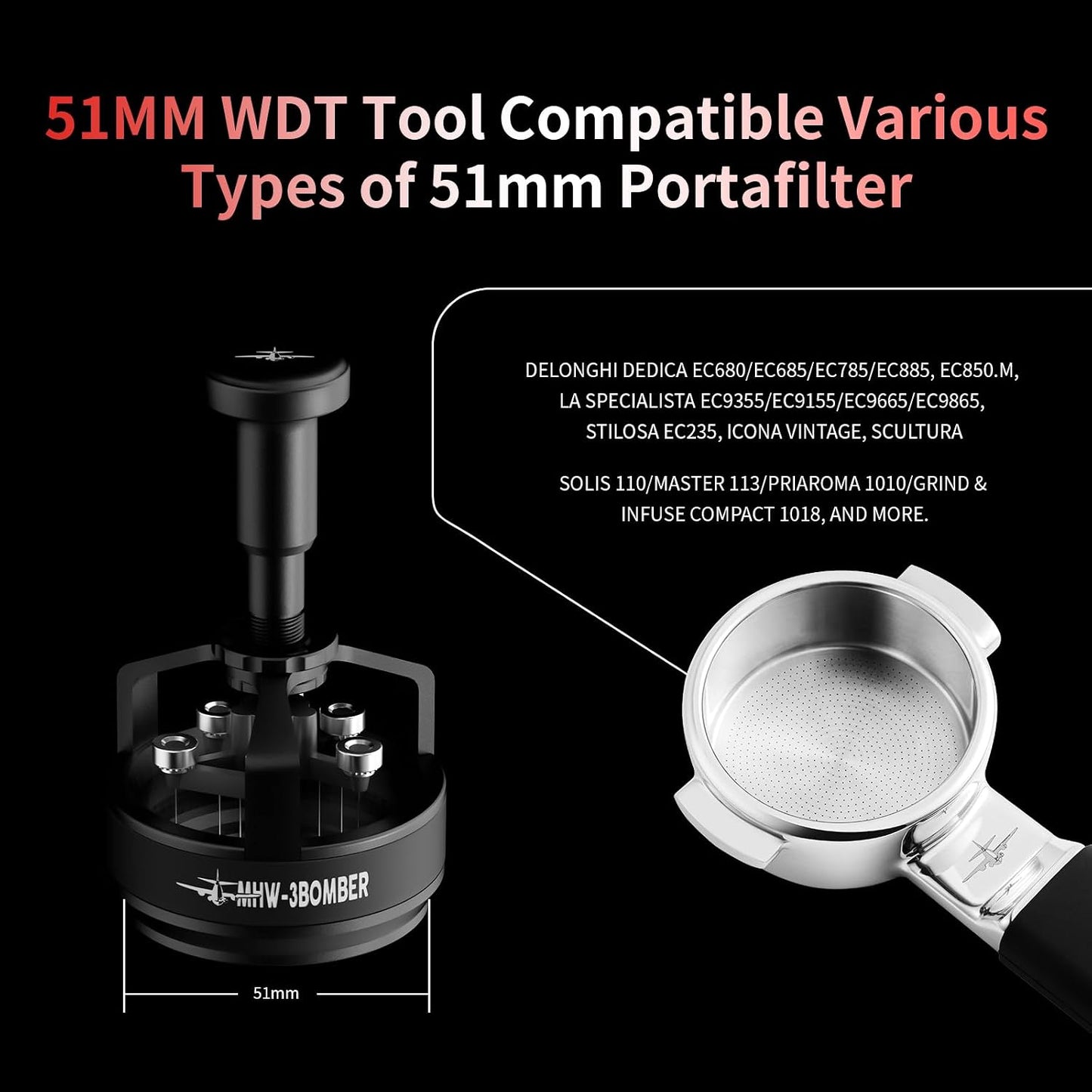 MHW-3BOMBER WDT Tool Espresso 51mm, Adjustable Depth Needle Espresso Stirrer Tool,Espresso Distribution Tool with Magnetic Base for Barista, l, 0.25mm x 14 Needles, YU Series Cyclone T5958-OS