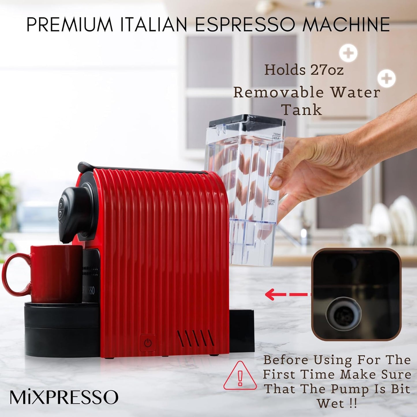 Mixpresso Espresso Machine, Compatible with Nespresso OriginalLine Capsules | 1400W single serve coffee maker with one-touch operation, 19-bar Italian pump and 27oz water tank, red