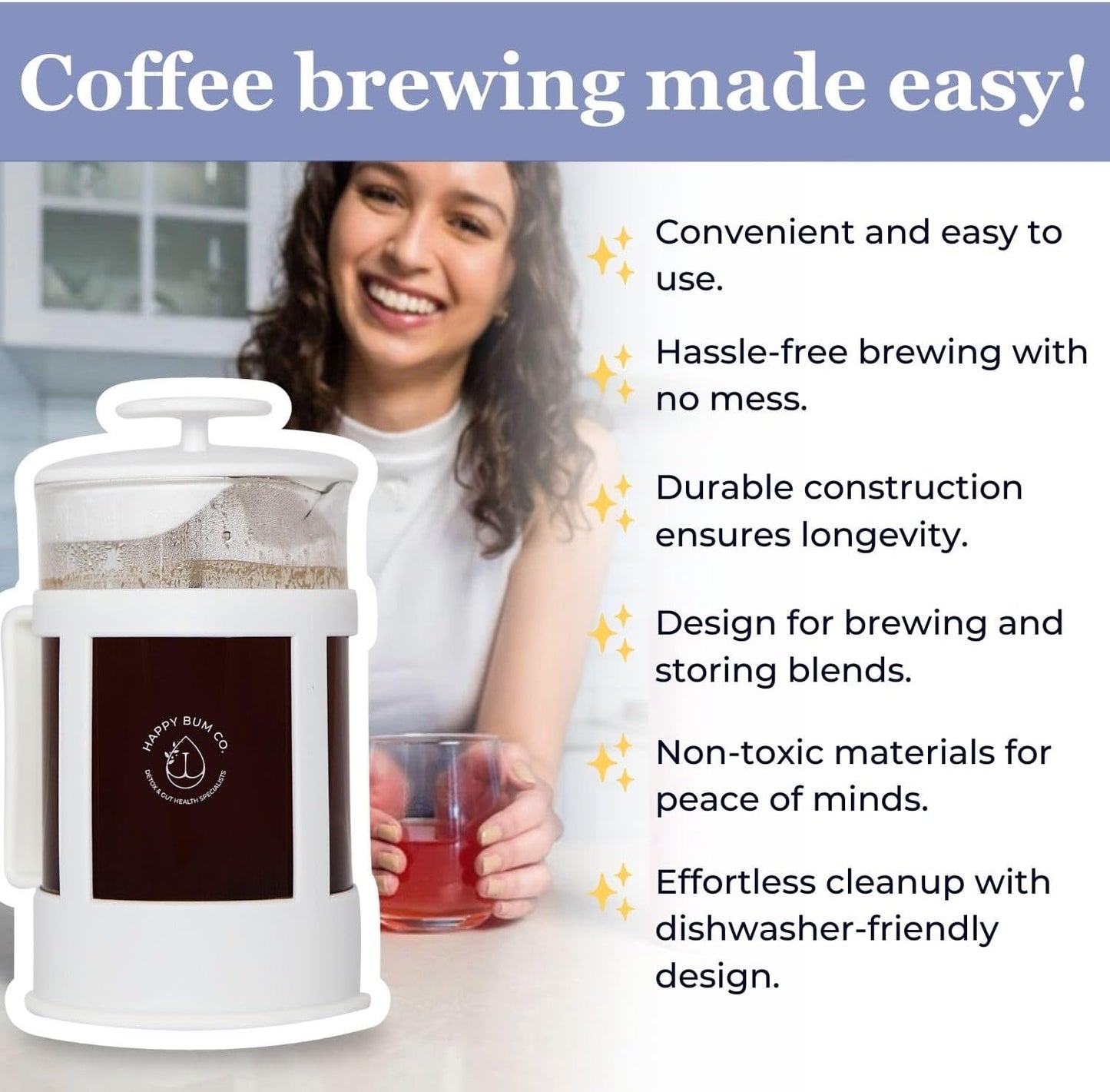 Happy Bum Coffee Plunger, 1L Glass French Press with Steel Strainer | 1L glass French press with a stainless steel strainer, designed for convenient coffee brewing and storage.