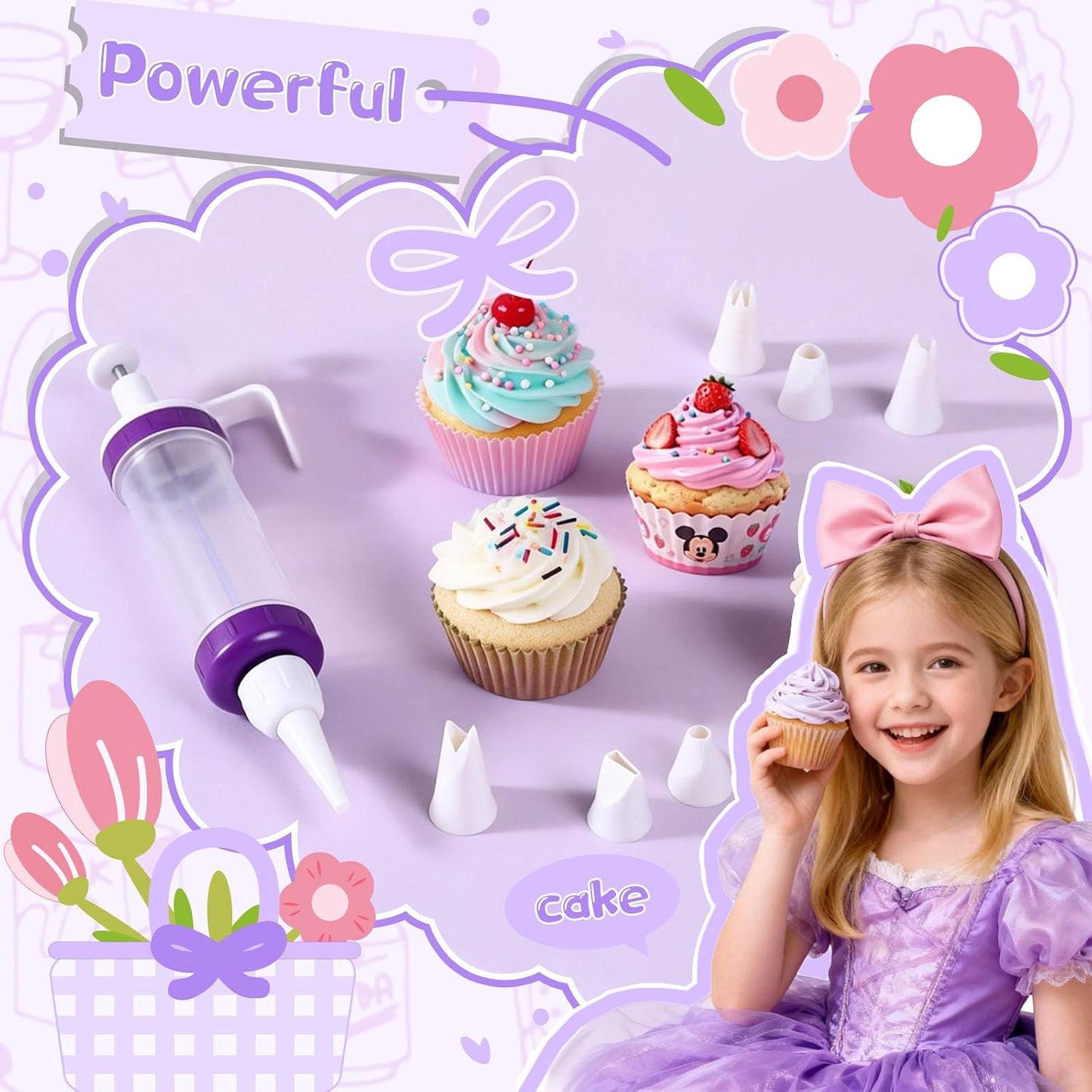 JAYVAR Dessert Decorating Syringe Set, Icing Dispenser Tool | Dessert Decorator Pro, 7 Icing Nozzles, 9 Silicone Cake Cup, Cake Decorating Gun for Frosting Cream
