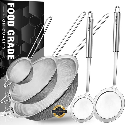 Walfos Fine Mesh Strainer and Fat Skimmer Spoon Set, Multipurpose Metal Strainers for Kitchen, Rice, Quinoa, Food, 304