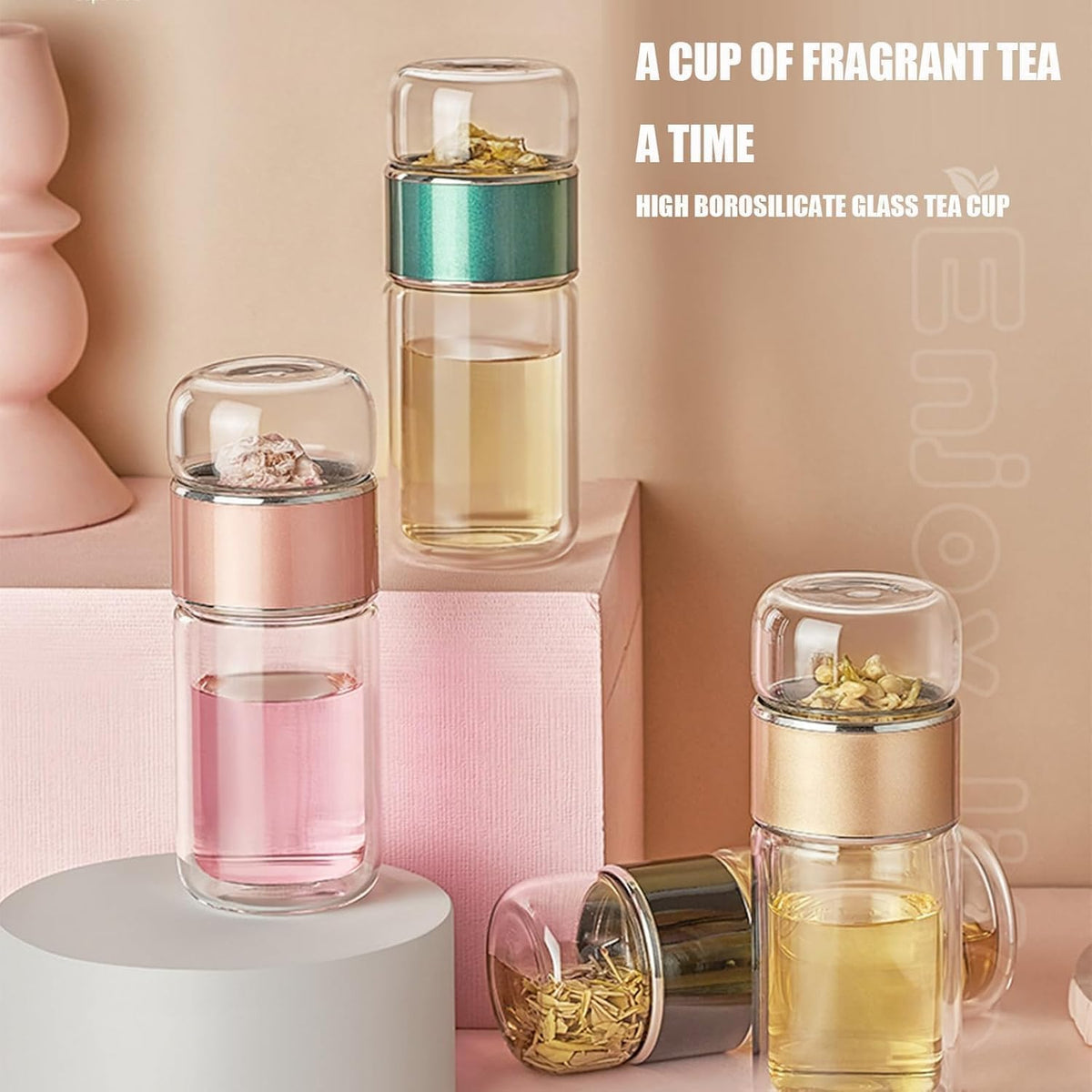 QUROXO 2025 New Glass Infuser, 3-In-1 Smart Tea Infuser with Cup Brush, Double-Layer Borosilicate Glass Tea infusers Separation Cup (Gold, 350ml (12oz))
